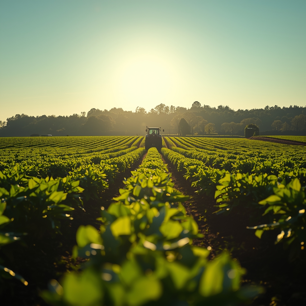 Green crop rows and farm operations, general trade and agribusiness